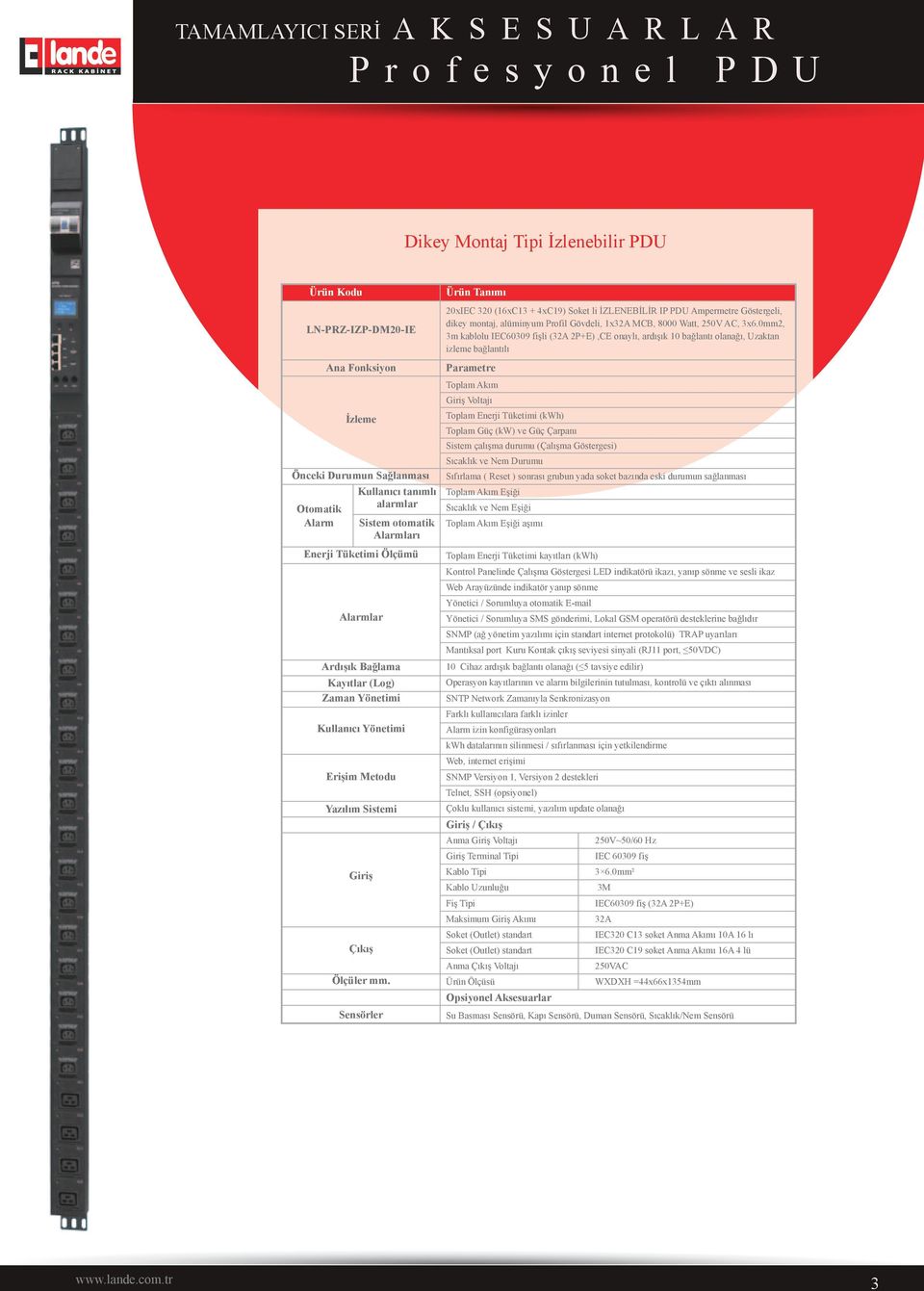 Sensörler 20xIEC 320 (16xC13 + 4xC19) Soket li İZLENEBİLİR IP PDU Ampermetre Göstergeli, dikey montaj, alüminyum Profil Gövdeli, 1x32A MCB, 8000 Watt, 250V AC, 3x6.