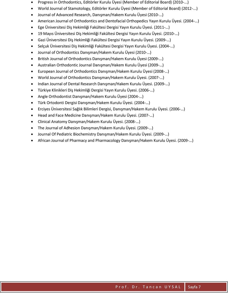 (2004- ) Ege Üniversitesi Diş Hekimliği Fakültesi Dergisi Yayın Kurulu Üyesi. (2011- ) 19 Mayıs Üniversitesi Diş Hekimliği Fakültesi Dergisi Yayın Kurulu Üyesi.