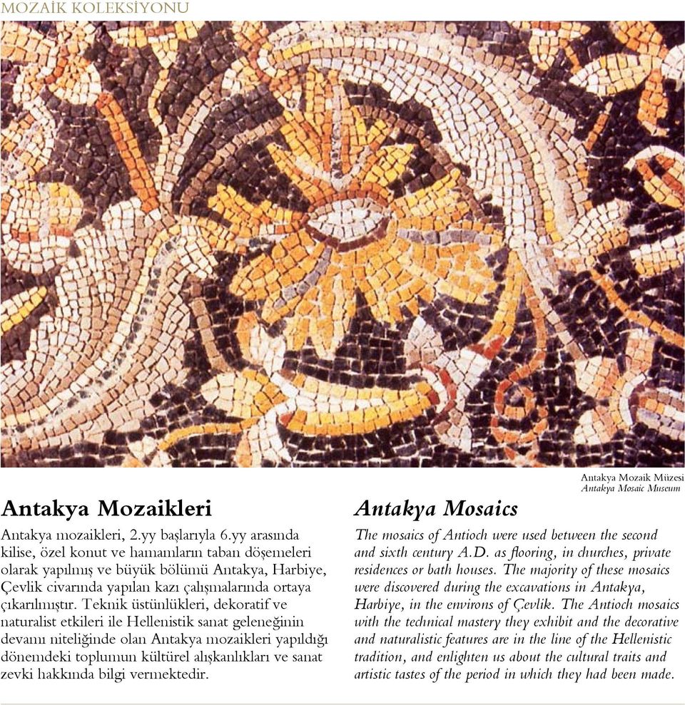 Teknik üstünlükleri, dekoratif ve naturalist etkileri ile Hellenistik sanat geleneğinin devamı niteliğinde olan Antakya mozaikleri yapıldığı dönemdeki toplumun kültürel alışkanlıkları ve sanat zevki