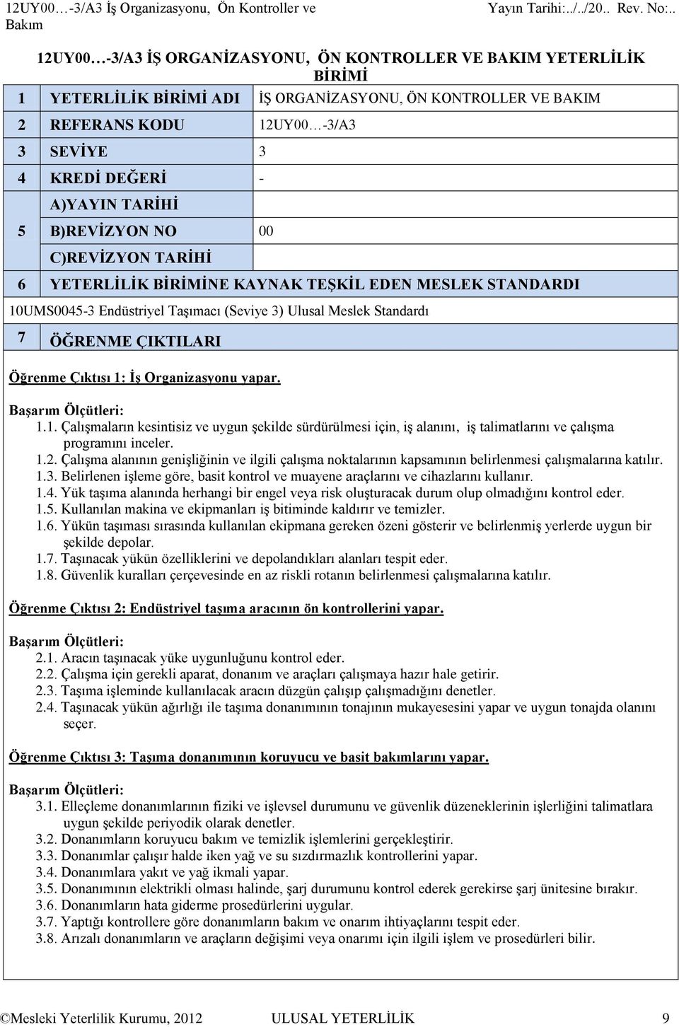 Ulusal Meslek Standardı 7 ÖĞRENME ÇIKTILARI Öğrenme Çıktısı 1: İş Organizasyonu yapar. 1.1. Çalışmaların kesintisiz ve uygun şekilde sürdürülmesi için, iş alanını, iş talimatlarını ve çalışma programını inceler.