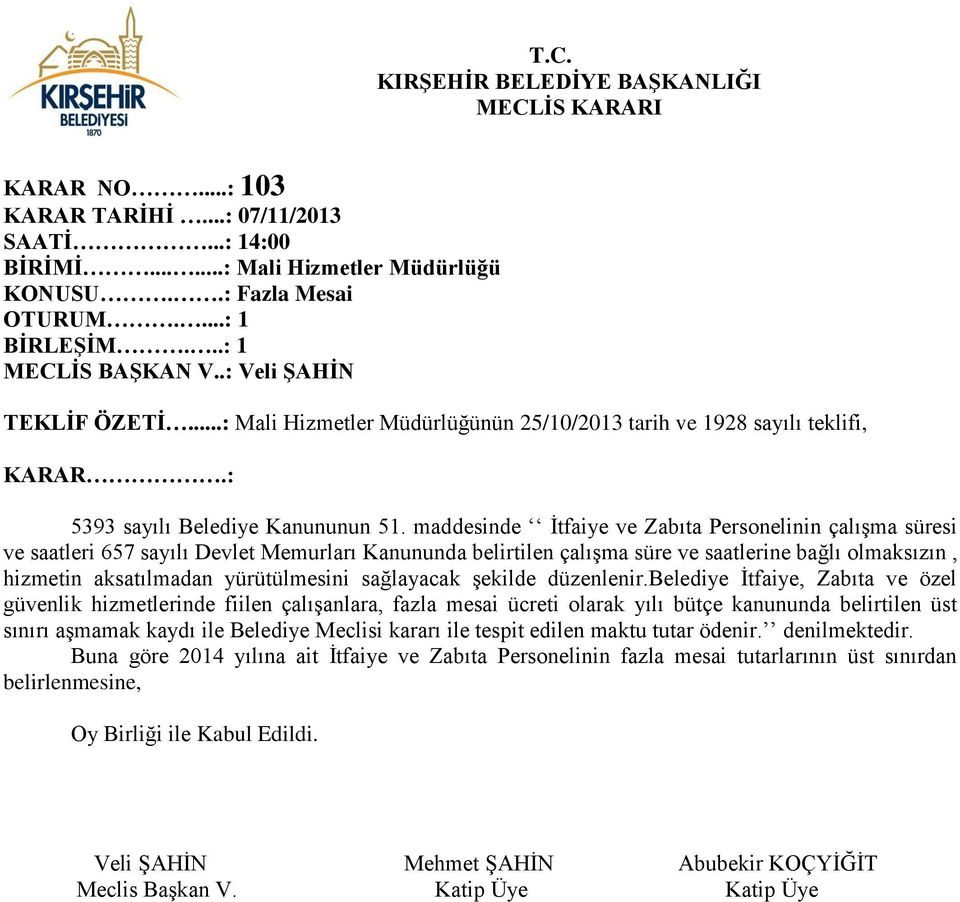 maddesinde İtfaiye ve Zabıta Personelinin çalışma süresi ve saatleri 657 sayılı Devlet Memurları Kanununda belirtilen çalışma süre ve saatlerine bağlı olmaksızın, hizmetin aksatılmadan