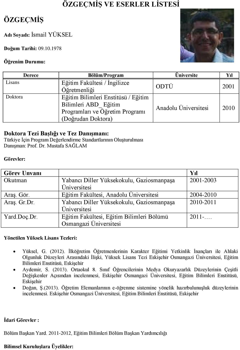 Programı (Doğrudan Doktora) Doktora Tezi Başlığı ve Tez Danışmanı: Türkiye İçin Program Değerlendirme Standartlarının Oluşturulması Danışman: Prof. Dr.