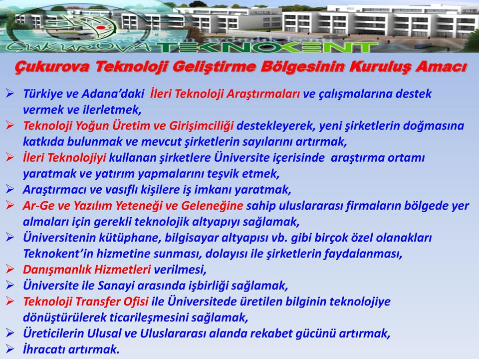 yapmalarını teşvik etmek, Araştırmacı ve vasıflı kişilere iş imkanı yaratmak, Ar-Ge ve Yazılım Yeteneği ve Geleneğine sahip uluslararası firmaların bölgede yer almaları için gerekli teknolojik