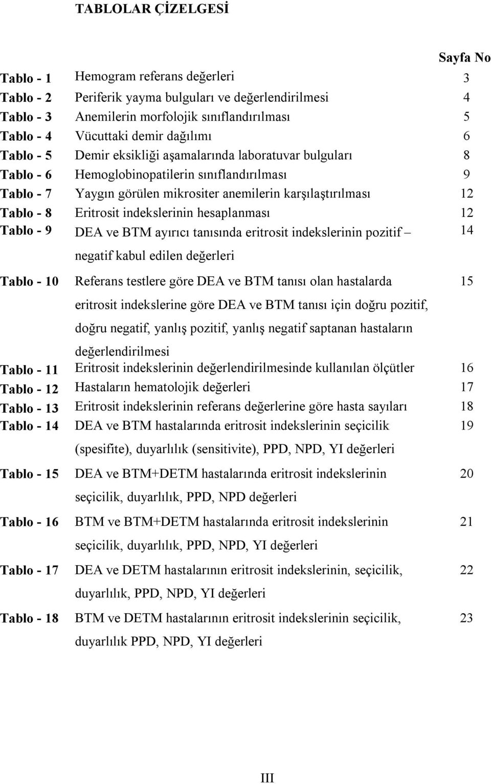 Tablo - 8 Eritrosit indekslerinin hesaplanması 12 Tablo - 9 DEA ve BTM ayırıcı tanısında eritrosit indekslerinin pozitif 14 Tablo - 10 negatif kabul edilen değerleri Referans testlere göre DEA ve BTM