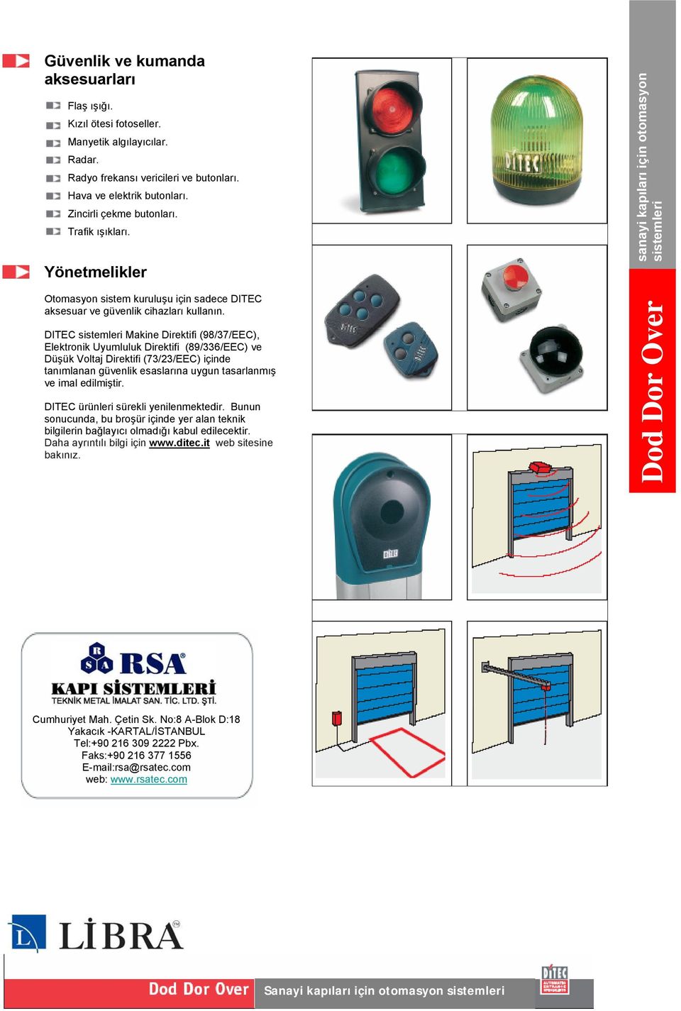 DITEC sistemleri Makine Direktifi (98/37/EEC), Elektronik Uyumluluk Direktifi (89/336/EEC) ve Düşük Voltaj Direktifi (73/23/EEC) içinde tanımlanan güvenlik esaslarına uygun tasarlanmış ve imal