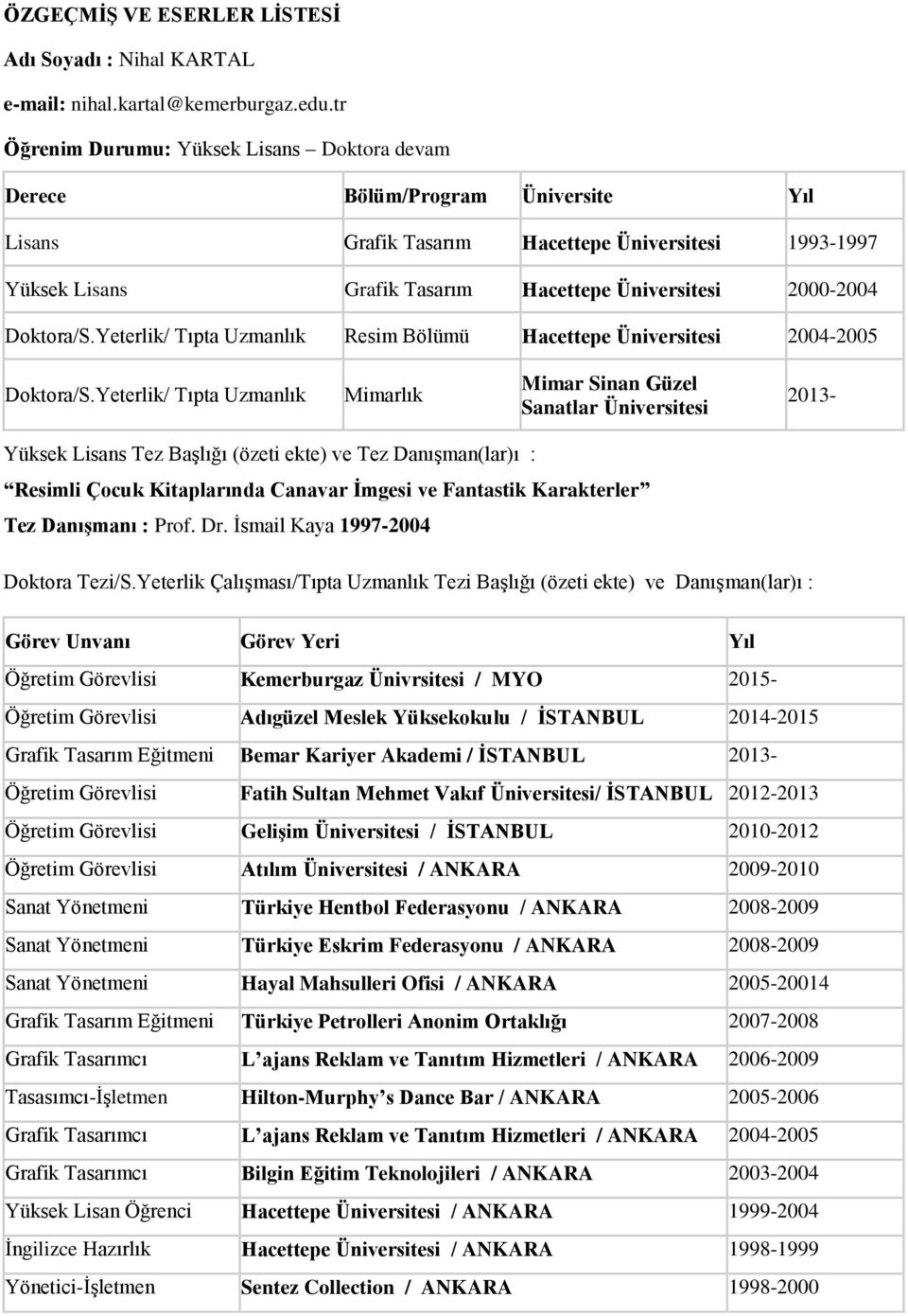 Doktora/S.Yeterlik/ Tıpta Uzmanlık Resim Bölümü Hacettepe Üniversitesi 2004-2005 Doktora/S.