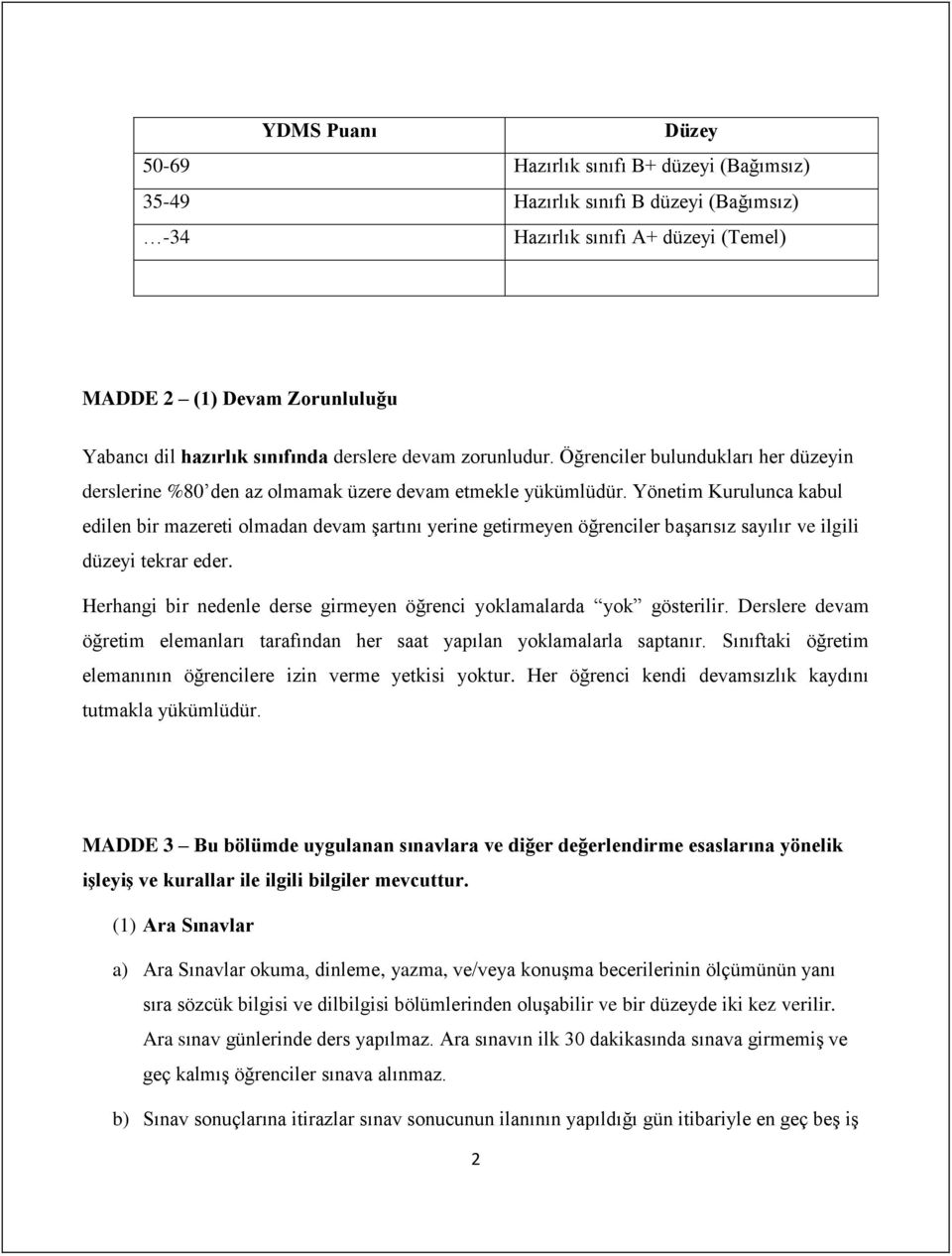 Yönetim Kurulunca kabul edilen bir mazereti olmadan devam şartını yerine getirmeyen öğrenciler başarısız sayılır ve ilgili düzeyi tekrar eder.