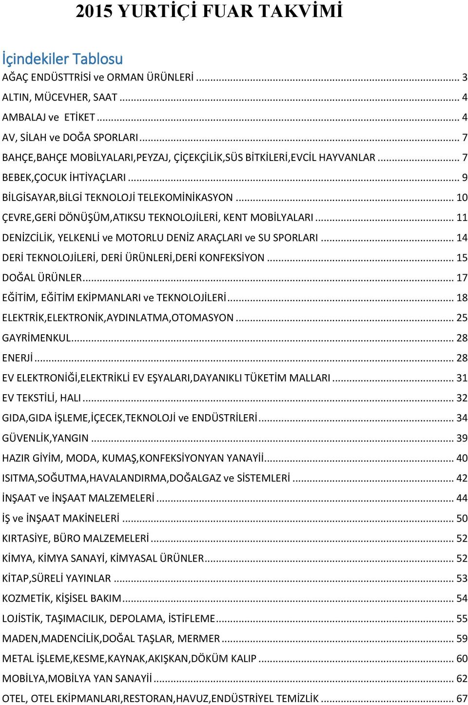 .. 10 ÇEVRE,GERİ DÖNÜŞÜM,ATIKSU TEKNOLOJİLERİ, KENT MOBİLYALARI... 11 DENİZCİLİK, YELKENLİ ve MOTORLU DENİZ ARAÇLARI ve SU SPORLARI... 14 DERİ TEKNOLOJİLERİ, DERİ ÜRÜNLERİ,DERİ KONFEKSİYON.