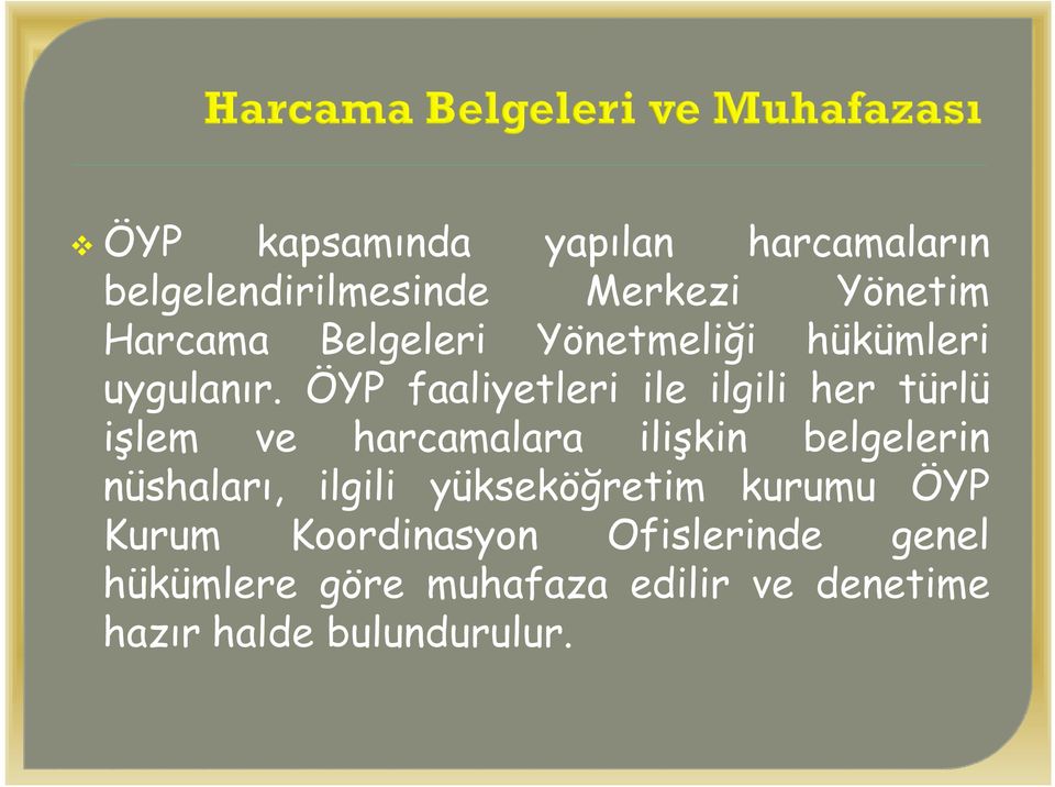 ÖYP faaliyetleri ile ilgili her türlü işlem ve harcamalara ilişkin belgelerin