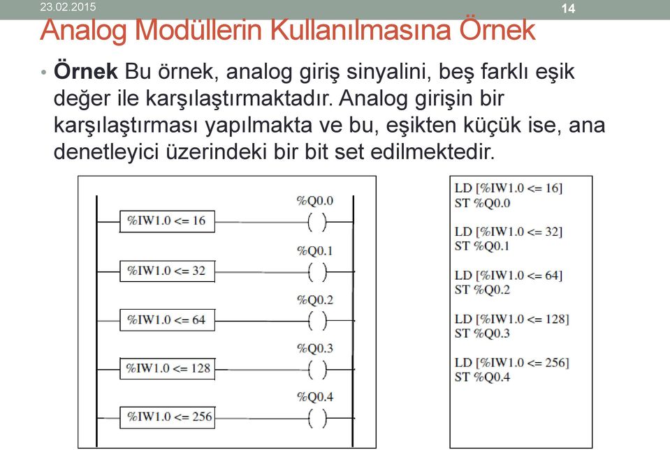 sinyalini, beş farklı eşik değer ile karşılaştırmaktadır.