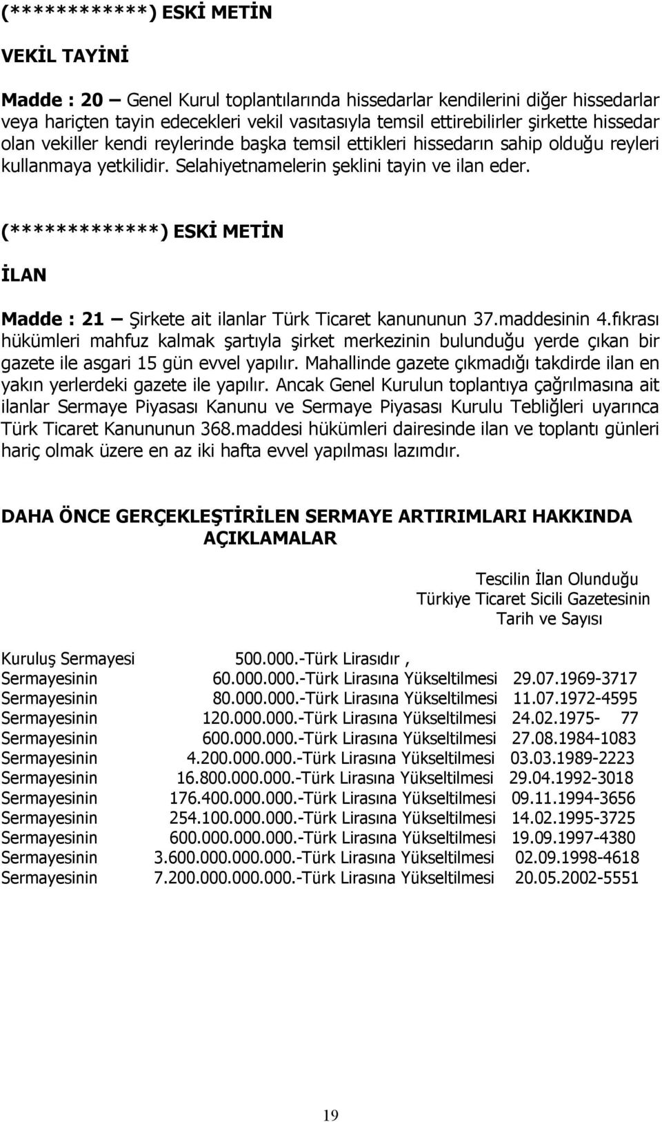 (*************) ESKĐ METĐN ĐLAN Madde : 21 Şirkete ait ilanlar Türk Ticaret kanununun 37.maddesinin 4.