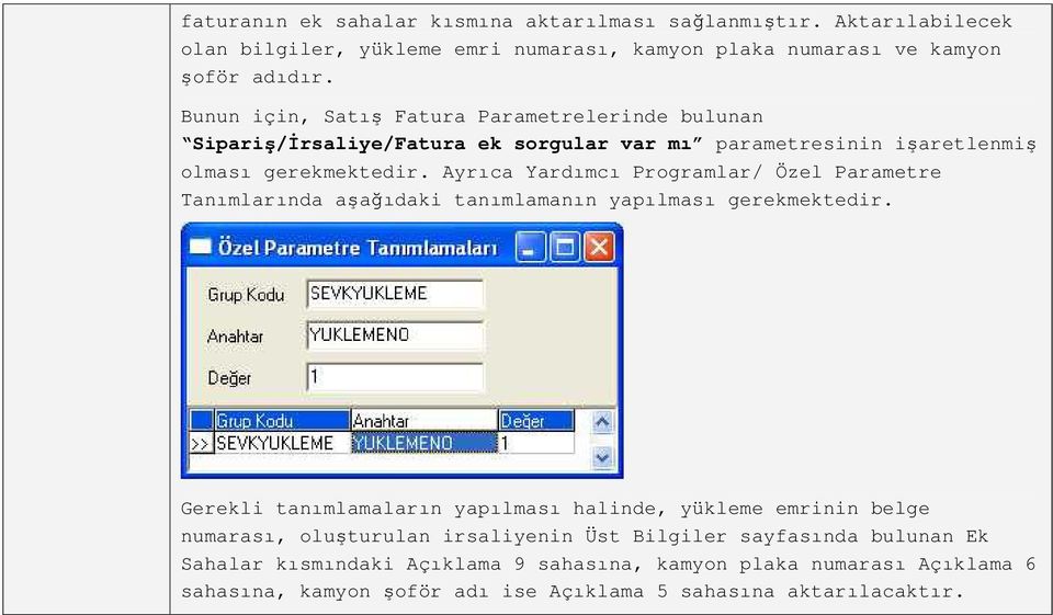 Ayrıca Yardımcı Programlar/ Özel Parametre Tanımlarında aşağıdaki tanımlamanın yapılması gerekmektedir.