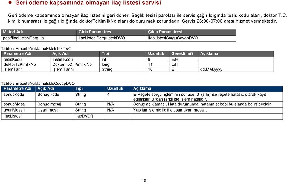 pasifilaclistesisorgula IlacListesiSorguIstekDVO IlacListesiSorguCevapDVO Tablo : EreceteAciklamaEkleIstekDVO Parametre Adı Açık Adı Tipi Uzunluk Gerekli mi?