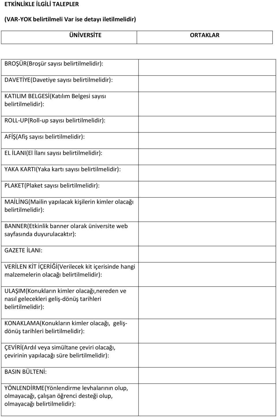 sayfasında duyurulacaktır): GAZETE İLANI: VERİLEN KİT İÇERİĞİ(Verilecek kit içerisinde hangi malzemelerin olacağı ULAŞIM(Konukların kimler olacağı,nereden ve nasıl gelecekleri geliş-dönüş tarihleri