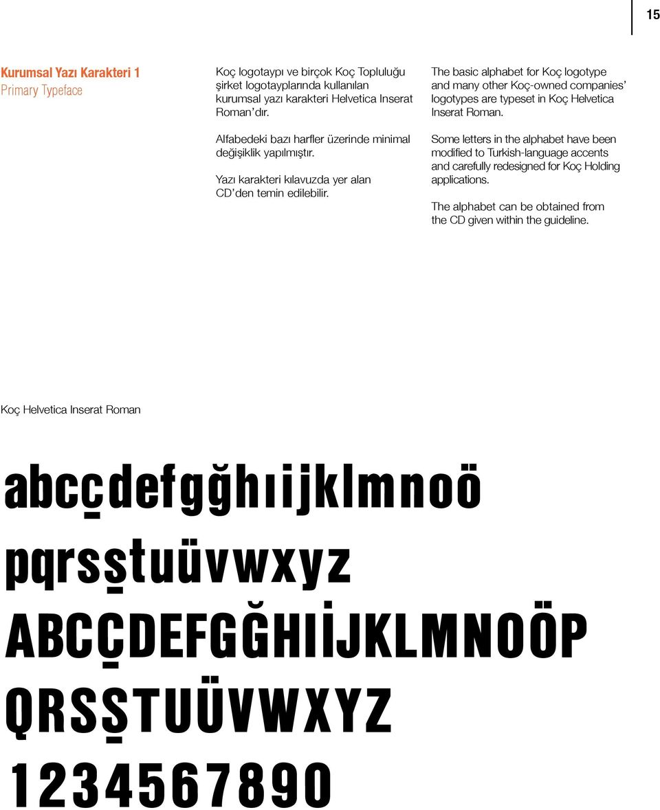 The basic alphabet for Koç logotype and many other Koç-owned companies logotypes are typeset in Koç Helvetica Inserat Roman.