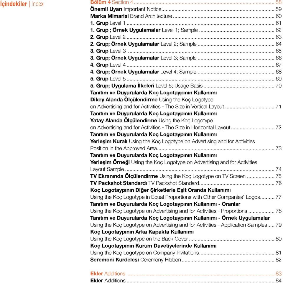 Grup; Örnek Uygulamalar Level 4; Sample... 68 5. Grup Level 5... 69 5. Grup; Uygulama İlkeleri Level 5; Usage Basis.