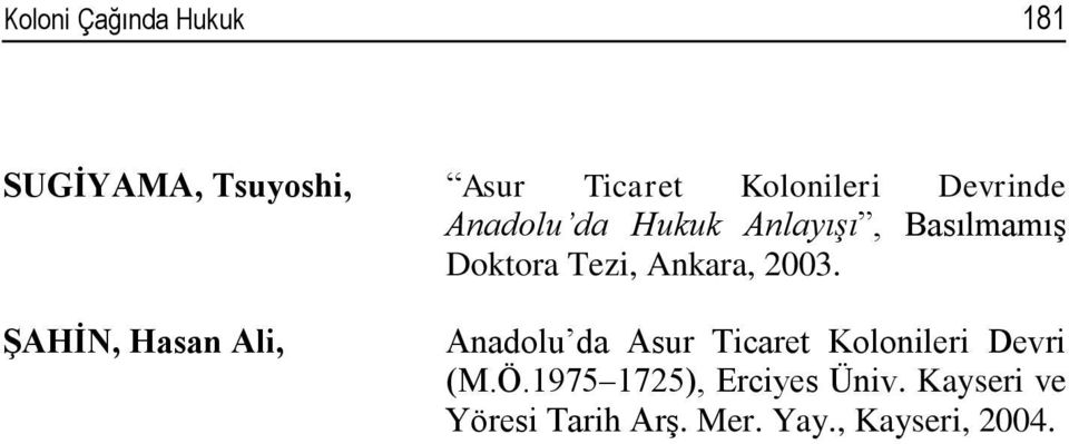 2003. ŞAHİN, Hasan Ali, Anadolu da Asur Ticaret Kolonileri Devri (M.Ö.