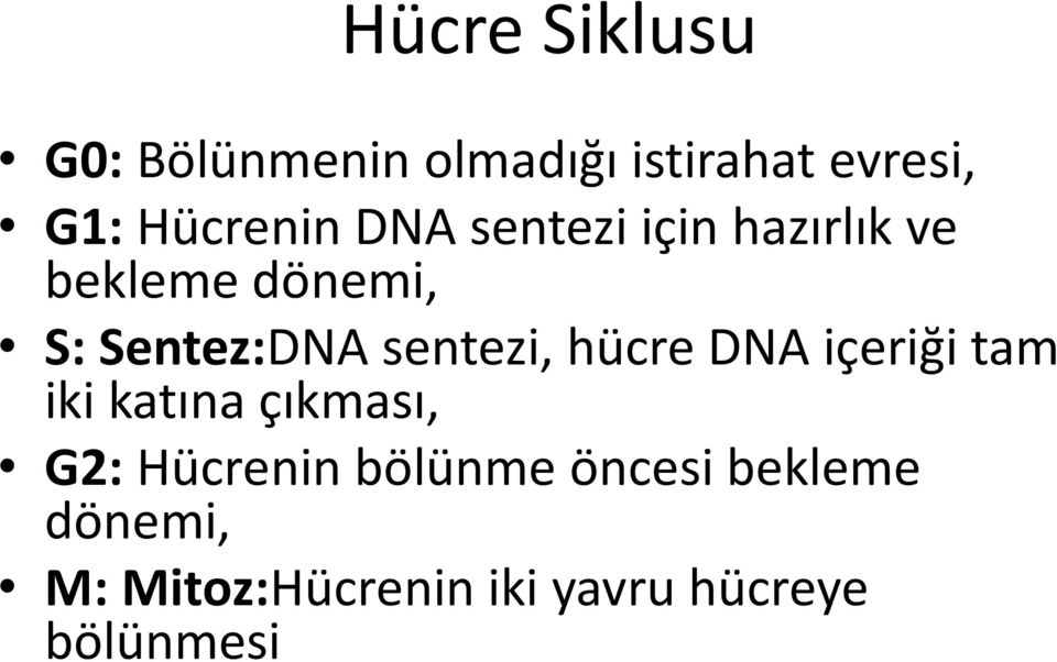 Sentez:DNA sentezi, hücre DNA içeriği tam iki katına çıkması, G2: