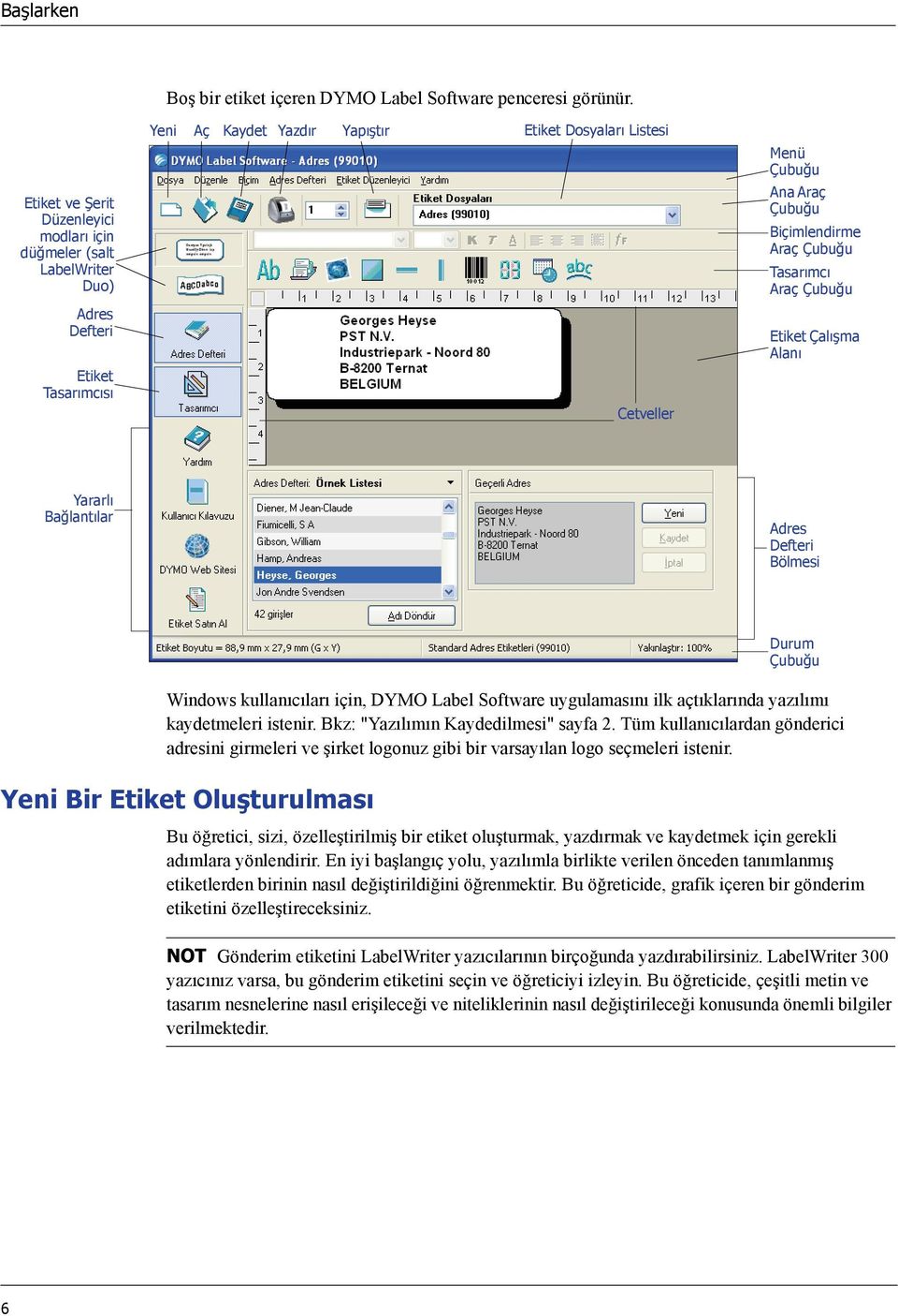 Çubuğu Adres Defteri Etiket Çalışma Alanı Etiket Tasarımcısı Cetveller Yararlı Bağlantılar Adres Defteri Bölmesi Durum Çubuğu Windows kullanıcıları için, DYMO Label Software uygulamasını ilk