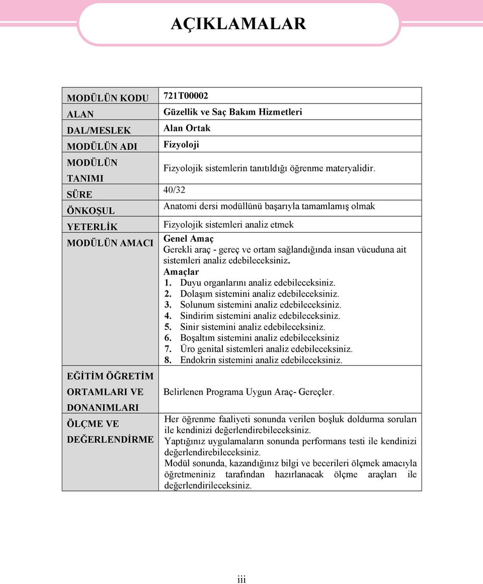 40/32 Anatomi dersi modüllünü başarıyla tamamlamış olmak Fizyolojik sistemleri analiz etmek Genel Amaç Gerekli araç - gereç ve ortam sağlandığında insan vücuduna ait sistemleri analiz edebileceksiniz.