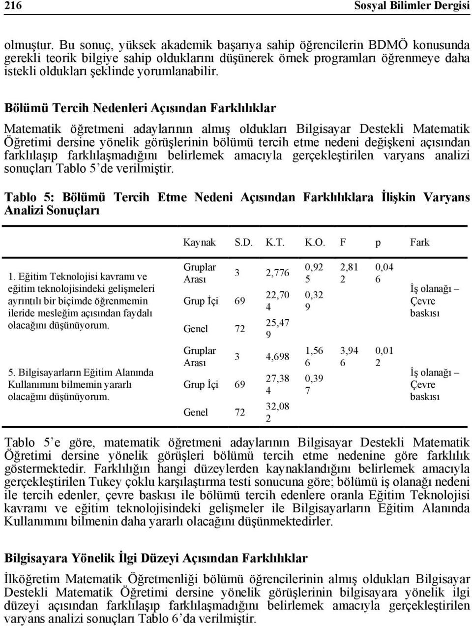 Bölümü Tercih Nedenleri Açısından Farklılıklar Matematik öğretmeni adaylarının almış oldukları Bilgisayar Destekli Matematik Öğretimi dersine yönelik görüşlerinin bölümü tercih etme nedeni değişkeni