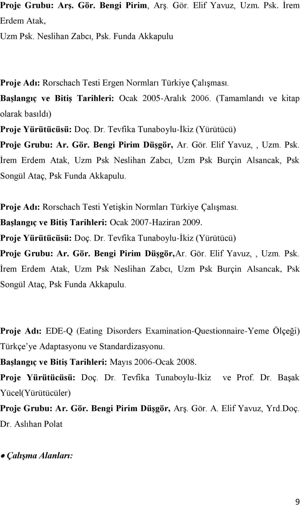 Gör. Elif Yavuz,, Uzm. Psk. İrem Erdem Atak, Uzm Psk Neslihan Zabcı, Uzm Psk Burçin Alsancak, Psk Songül Ataç, Psk Funda Akkapulu. Proje Adı: Rorschach Testi Yetişkin Normları Türkiye Çalışması.