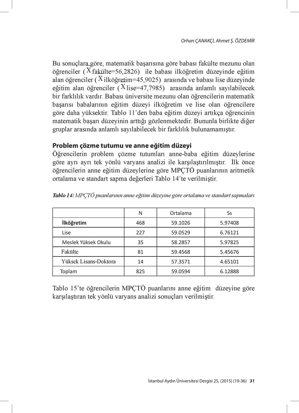 ve babası lise düzeyinde eğitim alan öğrenciler ( Χ lise=47,7985) arasında anlamlı sayılabilecek bir farklılık vardır.