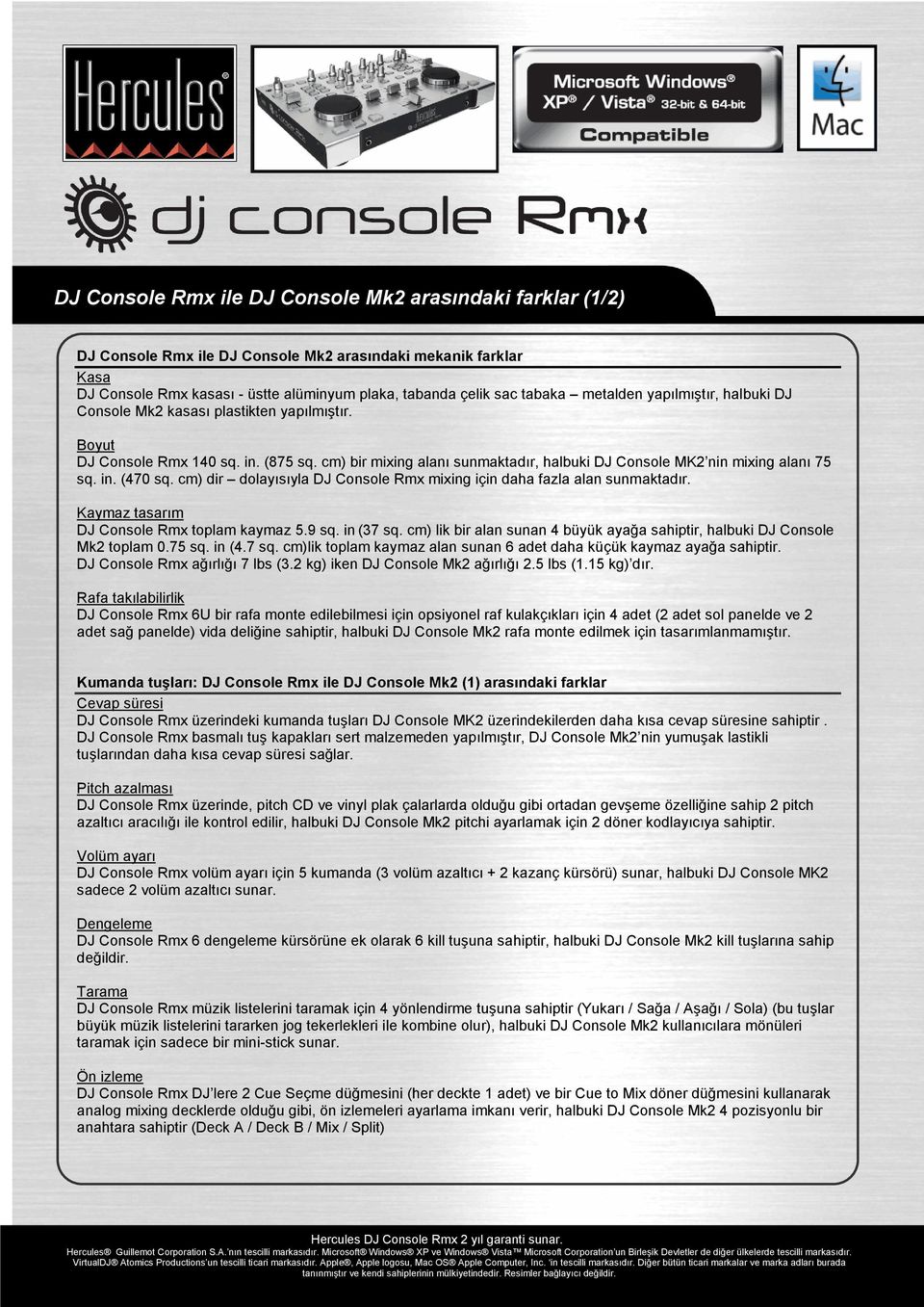 in. (470 sq. cm) dir dolayısıyla DJ Console Rmx mixing için daha fazla alan sunmaktadır. Kaymaz tasarım DJ Console Rmx toplam kaymaz 5.9 sq. in (37 sq.