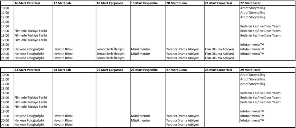 00 Herkese Fotoğrafçılık Hayatın Ritmi Sembollerle İletişim Müzikmentor Yaratıcı Drama Atölyesi Film Okuma Atölyesi Infotainment/TV 21.