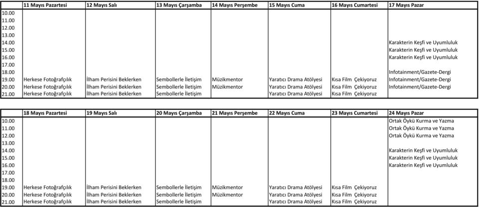 00 Herkese Fotoğrafçılık İlham Perisini Beklerken Sembollerle İletişim Müzikmentor Yaratıcı Drama Atölyesi Kısa Film Çekiyoruz Infotainment/Gazete-Dergi 18 Mayıs Pazartesi 19 Mayıs Salı 20 Mayıs