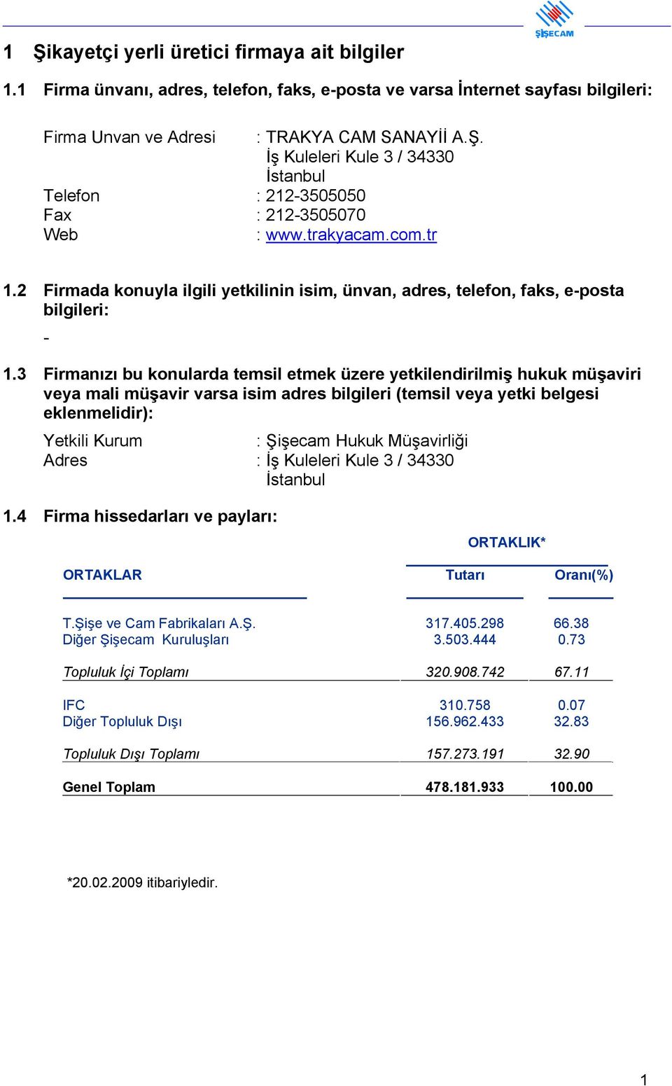 3 Firmanızı bu konularda temsil etmek üzere yetkilendirilmiş hukuk müşaviri veya mali müşavir varsa isim adres bilgileri (temsil veya yetki belgesi eklenmelidir): Yetkili Kurum : Şişecam Hukuk