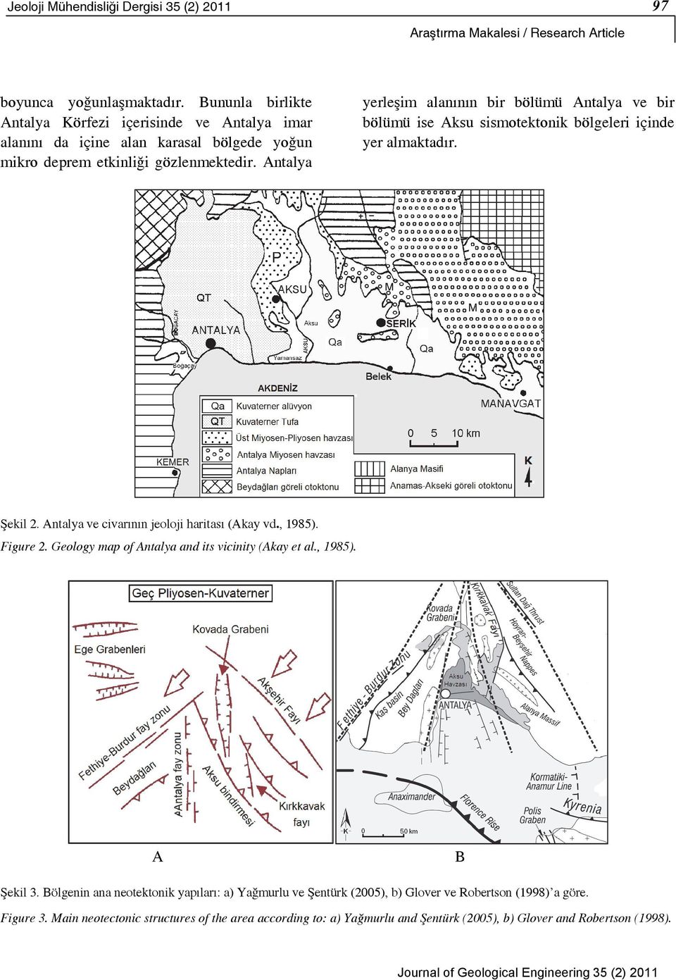 Antalya yerleşim alanının bir bölümü Antalya ve bir bölümü ise Aksu sismotektonik bölgeleri içinde yer almaktadır. Şekil 2. Antalya ve civarının jeoloji haritası (Akay vd., 1985). Figure 2.