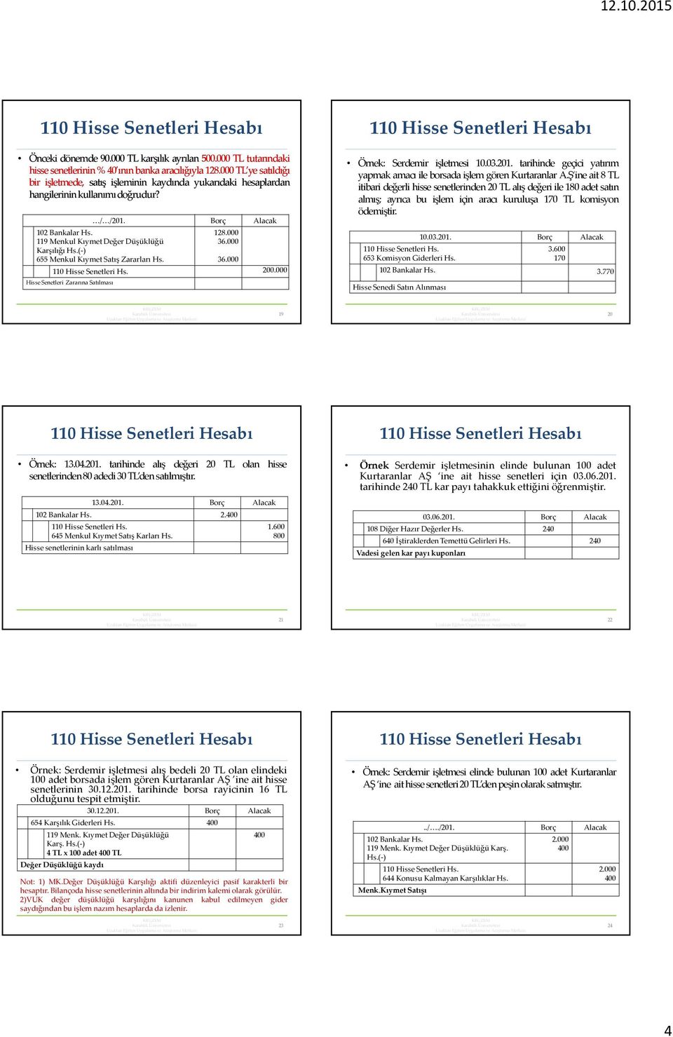 000 36.000 200.000 Hisse Senetleri Zararına Satılması Örnek: Serdemir işletmesi 10.03.201. tarihinde geçici yatırım yapmak amacı ile borsada işlem gören Kurtaranlar A.