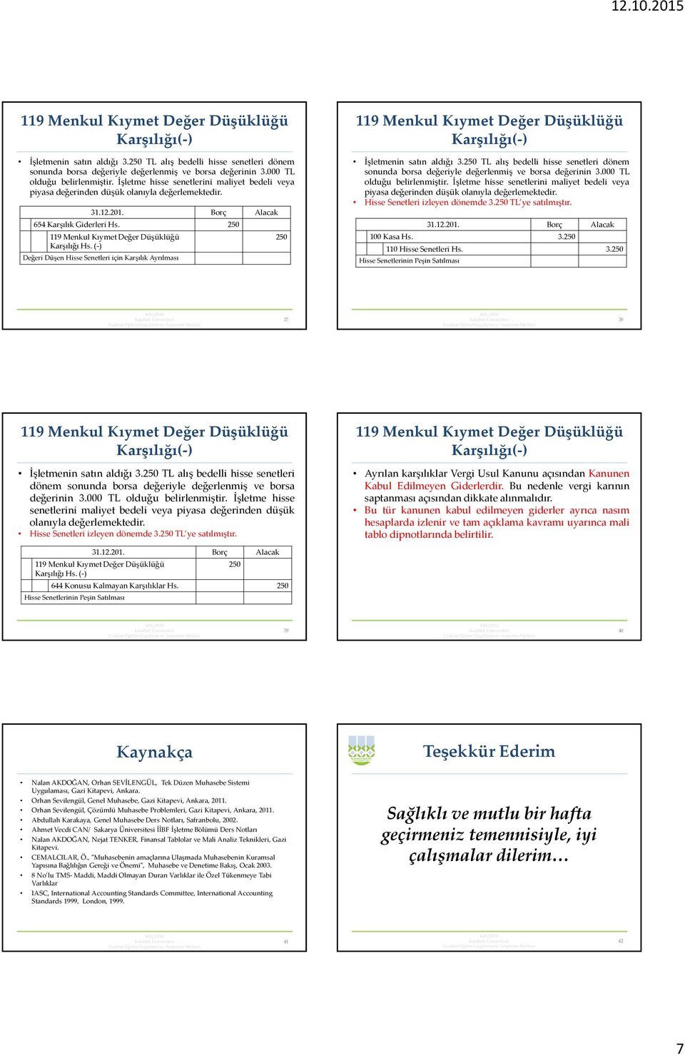 (-) Değeri Düşen Hisse Senetleri için Karşılık Ayrılması 250  İşletme hisse senetlerini maliyet bedeli veya piyasa değerinden düşük olanıyla değerlemektedir. Hisse Senetleri izleyen dönemde 3.