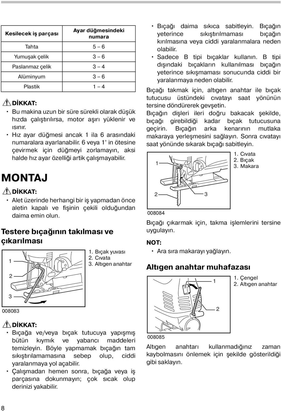 MONTAJ Alet üzerinde herhangi bir iş yapmadan önce aletin kapalı ve fişinin çekili olduğundan daima emin olun. Testere bıçağının takılması ve çıkarılması. Bıçak yuvası. Cıvata 3.