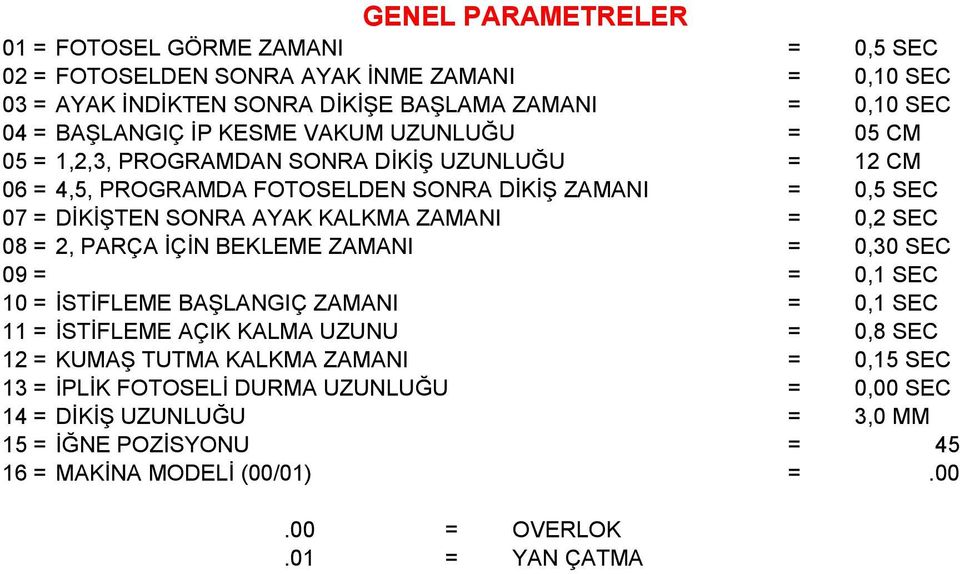 ZAMANI = 0,2 SEC 08 = 2, PARÇA İÇİN BEKLEME ZAMANI = 0,30 SEC 09 = = 0,1 SEC 10 = İSTİFLEME BAŞLANGIÇ ZAMANI = 0,1 SEC 11 = İSTİFLEME AÇIK KALMA UZUNU = 0,8 SEC 12 = KUMAŞ TUTMA