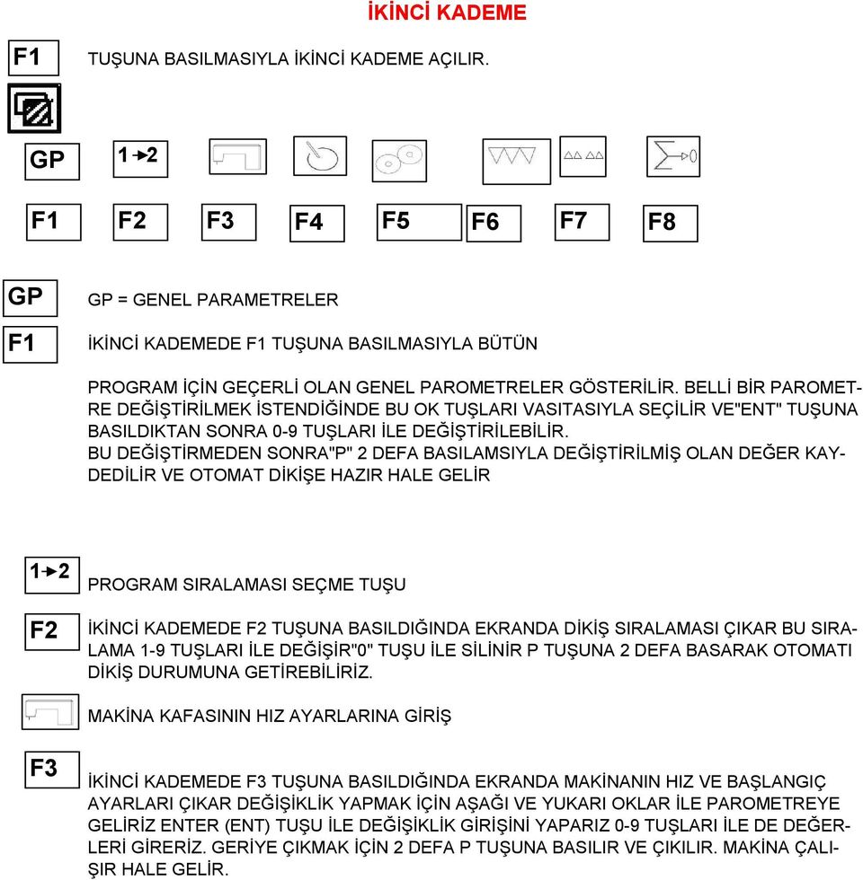 BELLİ BİR PAROMET- RE DEĞİŞTİRİLMEK İSTENDİĞİNDE BU OK TUŞLARI VASITASIYLA SEÇİLİR VE"ENT" TUŞUNA BASILDIKTAN SONRA 0-9 TUŞLARI İLE DEĞİŞTİRİLEBİLİR.