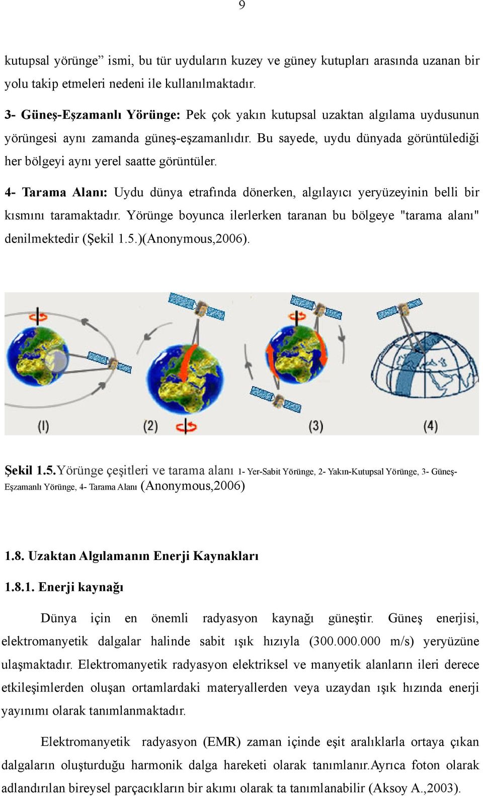4- Tarama Alanı: Uydu dünya etrafında dönerken, algılayıcı yeryüzeyinin belli bir kısmını taramaktadır. Yörünge boyunca ilerlerken taranan bu bölgeye "tarama alanı" denilmektedir (Şekil 1.5.
