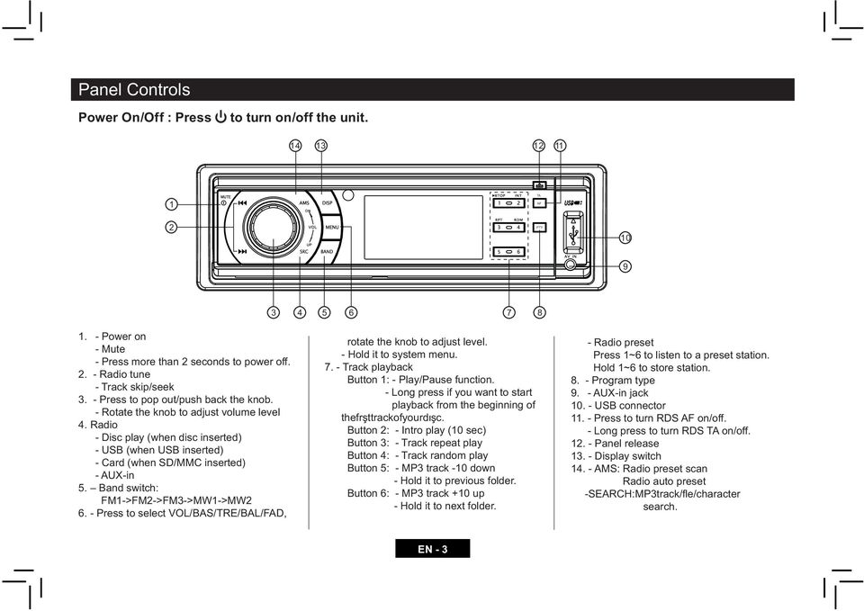 Band switch: FM1->FM2->FM3->MW1->MW2 6. - Press to select VOL/BAS/TRE/BAL/FAD, rotate the knob to adjust level. - Hold it to system menu. 7. - Track playback Button 1: - Play/Pause function.