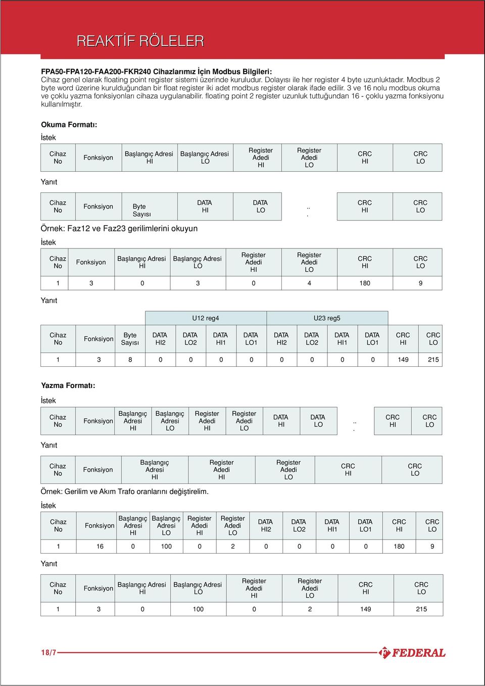 floating point 2 register uzunluk tuttu undan 16 - çoklu yazma fonksiyonu kullanılmıfltır. Okuma Format : stek Bafllangıç dresi Bafllangıç dresi Yanıt Byte Sayısı.