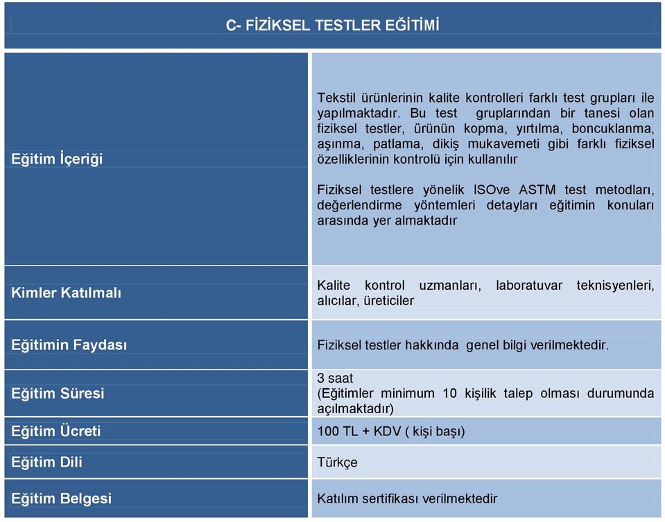 fiziksel özelliklerinin kontrolü için kullanılır Fiziksel testlere yönelik ISOve ASTM test metodları, değerlendirme yöntemleri detayları