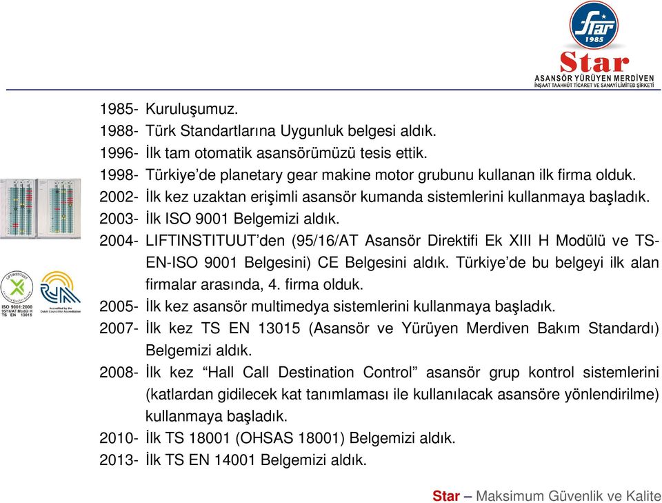 LIFTINSTITUUT den (95/16/AT Asansör Direktifi Ek XIII H Modülü ve TS- EN-ISO 9001 Belgesini) CE Belgesini aldık. Türkiye de bu belgeyi ilk alan firmalar arasında, 4. firma olduk.