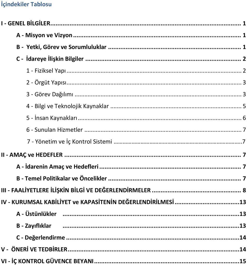 .7 II - AMAÇ ve HEDEFLER... 7 A - İdarenin Amaç ve Hedefleri... 7 B - Temel Politikalar ve Öncelikler... 7 III - FAALİYETLERE İLİŞKİN BİLGİ VE DEĞERLENDİRMELER.