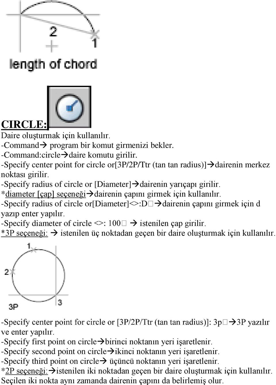 *diameter [çap] seçeneği dairenin çapını girmek için -Specify radius of circle or[diameter] dairenin çapını girmek için d yazıp enter yapılır. -Specify diameter of circle istenilen çap girilir.