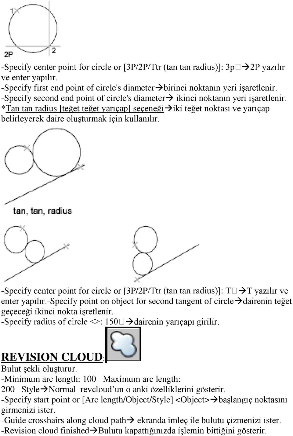 -specify point on object for second tangent of circle dairenin teğet geçeceği ikinci nokta işretlenir. - dairenin yarıçapı girilir. REVISION CLOUD: Bulut şekli oluşturur.