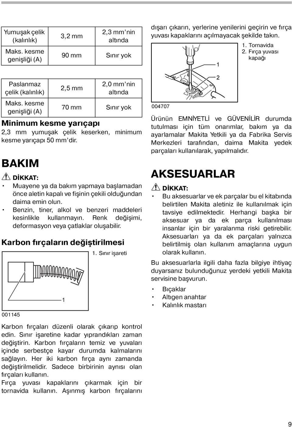 BAKIM DİKKAT: Muayene ya da bakım yapmaya başlamadan önce aletin kapalı ve fişinin çekili olduğundan daima emin olun. Benzin, tiner, alkol ve benzeri maddeleri kesinlikle kullanmayın.