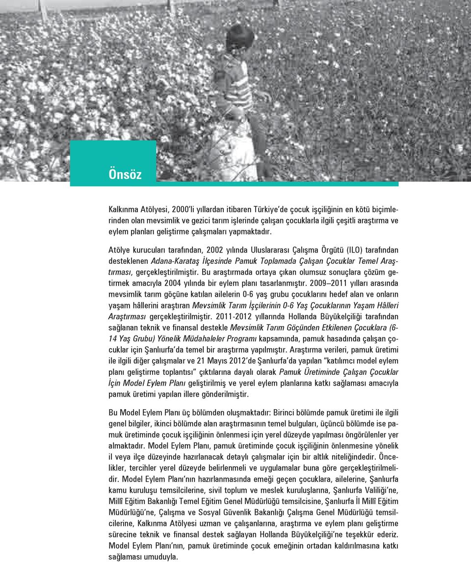 Atölye kurucuları tarafından, 2002 yılında Uluslararası Çalışma Örgütü (ILO) tarafından desteklenen Adana-Karataş İlçesinde Pamuk Toplamada Çalışan Çocuklar Temel Araştırması, gerçekleştirilmiştir.