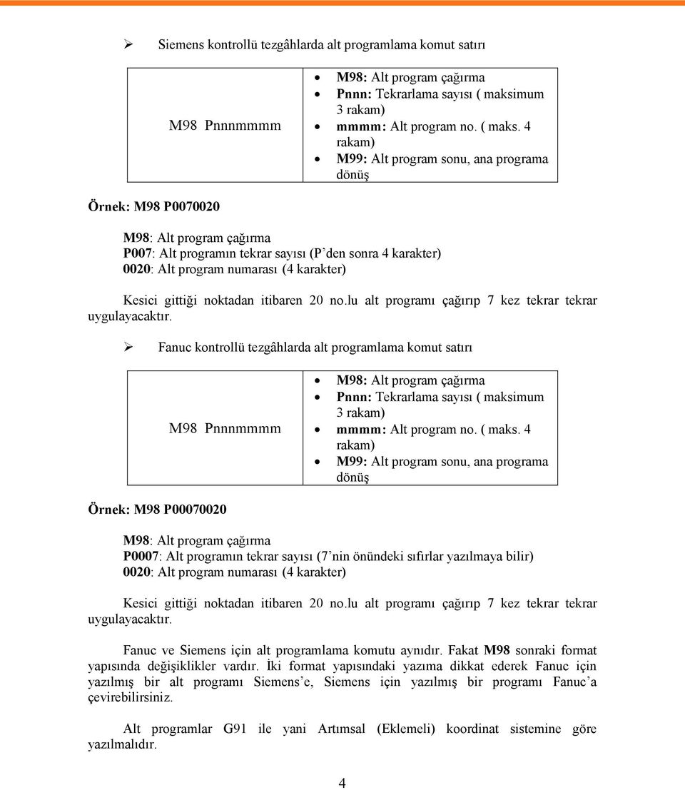 4 rakam) M99: Alt program sonu, ana programa dönüş Örnek: M98 P0070020 M98: Alt program çağırma P007: Alt programın tekrar sayısı (P den sonra 4 karakter) 0020: Alt program numarası (4 karakter)