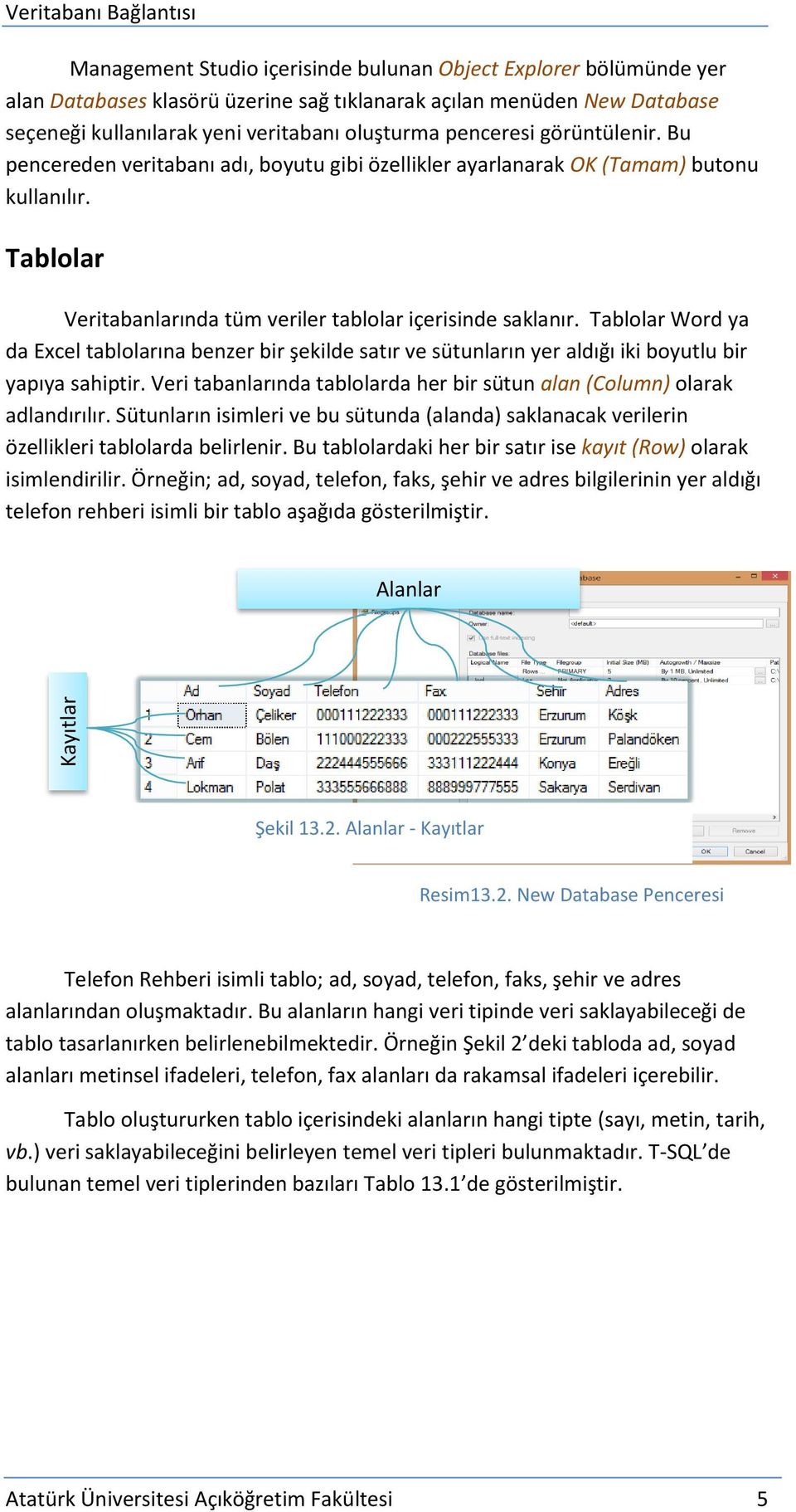 Tablolar Veritabanlarında tüm veriler tablolar içerisinde saklanır. Tablolar Word ya da Excel tablolarına benzer bir şekilde satır ve sütunların yer aldığı iki boyutlu bir yapıya sahiptir.