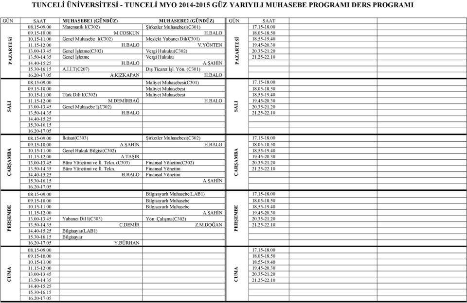 35-21.20 13.50-14.35 Genel İşletme Vergi Hukuku 21.25-22.10 H.BALO A.ŞAHİN A.İ.İ.T(C207) Dış Ticaret İşl. Yön. (C301) A.KIZKAPAN H.BALO Maliyet Muhasebesi(C301) 09.15-10.00 Maliyet Muhasebesi 18.